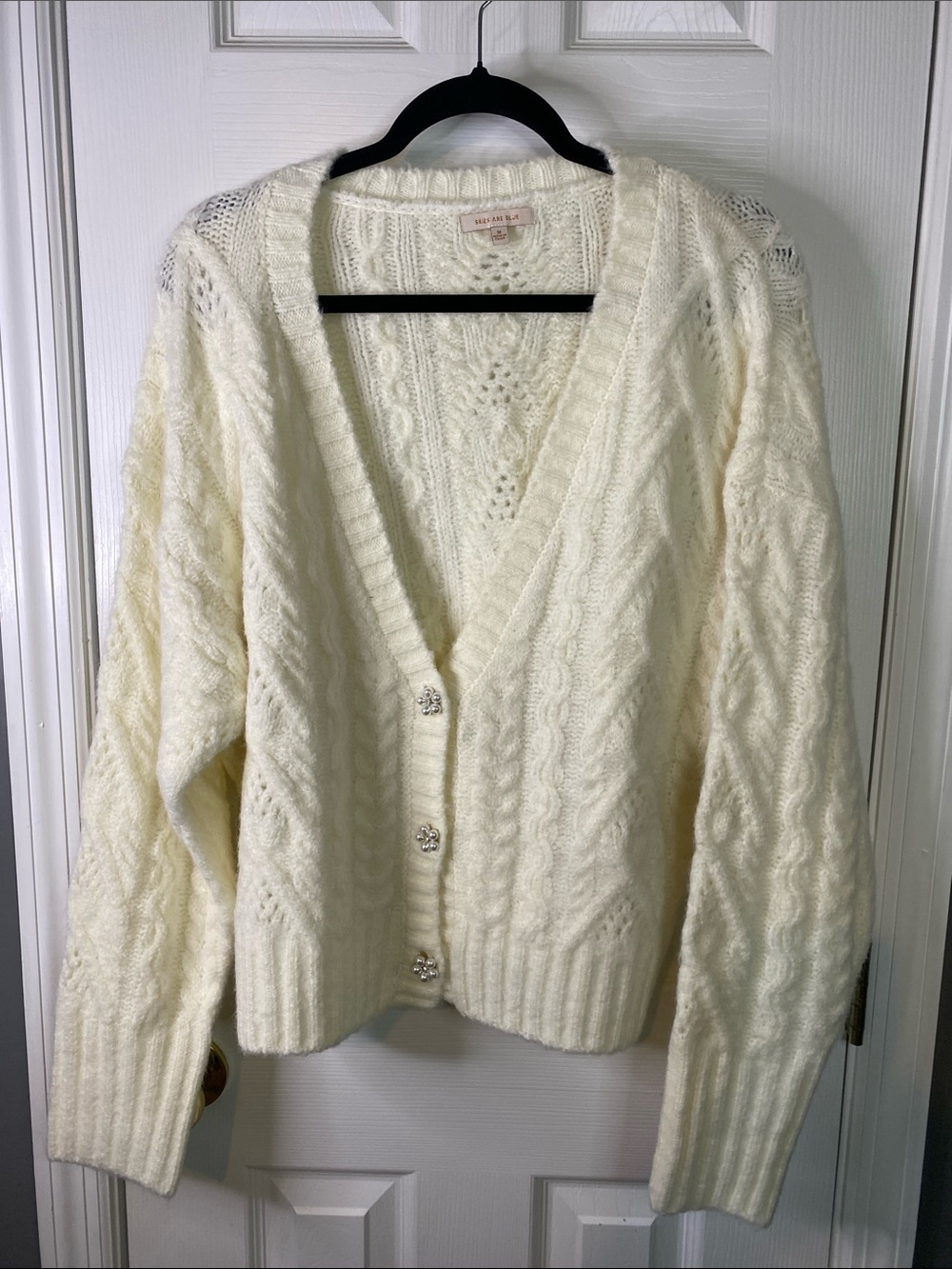 Skies Are Blue White Cable Knit Button-Front Women's Sweater Cardigan Size Med.
